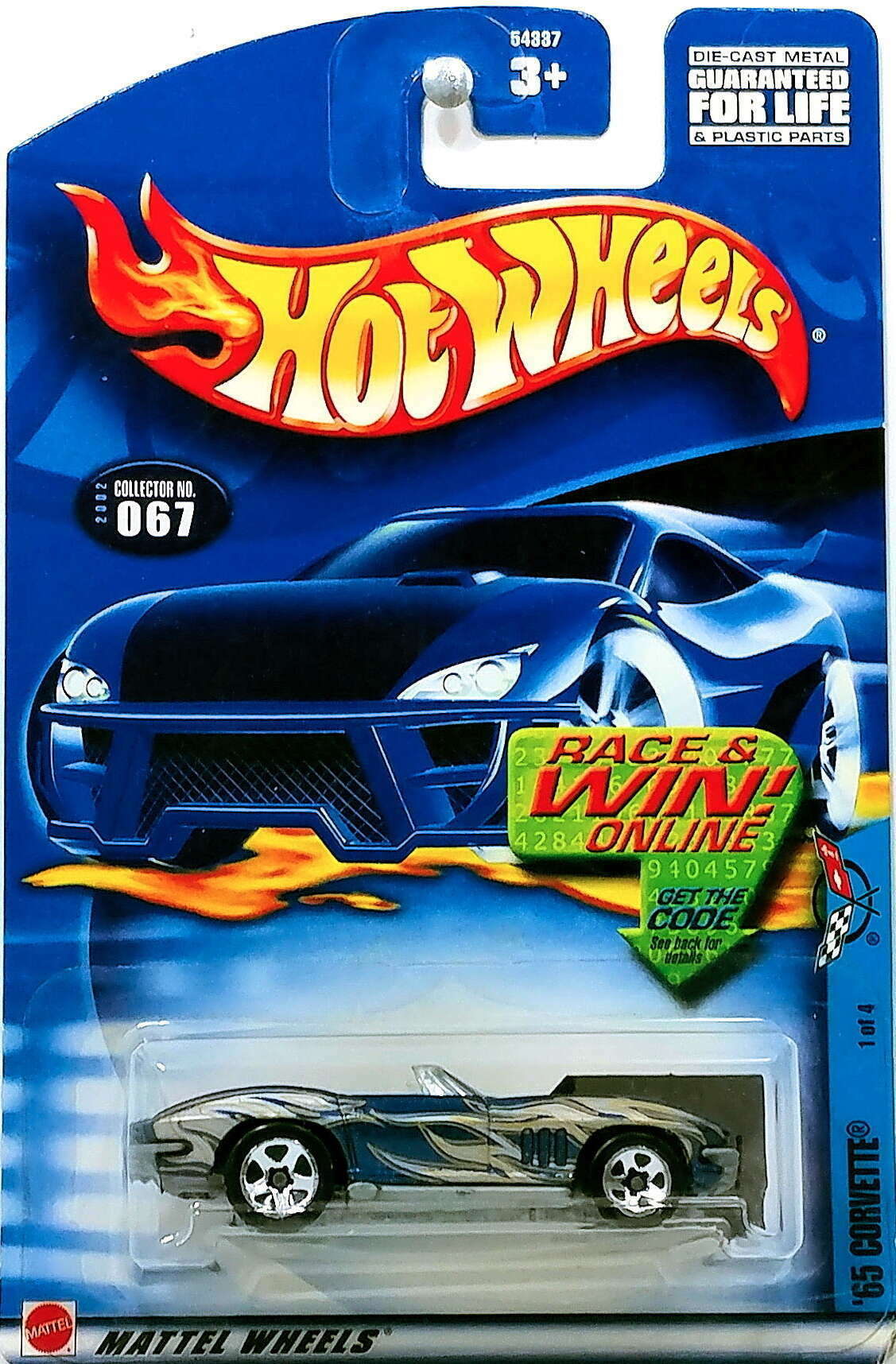 Hot Wheels 2002 - Collector # 067/240 - Corvette Series 1/4 - '65 Corvette - Blue & Gray / Flames - USA R&W Card