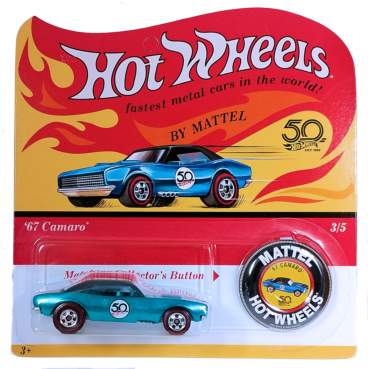 Hot Wheels 2018 - 50th Anniversary Originals Collection # 3/5 - '67 Camaro - Spectraflame, Blue - RetroRL Wheels - Blue Interior - ZAMAC Metal Base - Retro Blister Card & Button