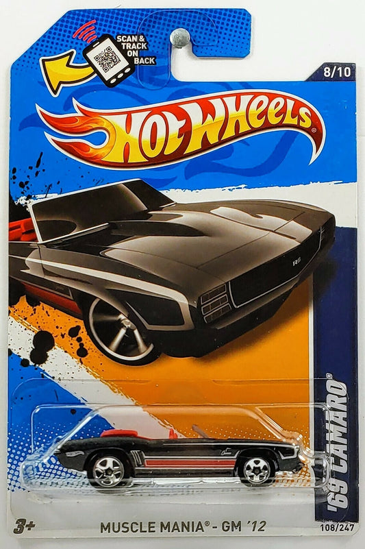 Hot Wheels 2012 - Collector # 108/247 - Muscle Mania GM 8/10 - '69 Camaro - Black - USA