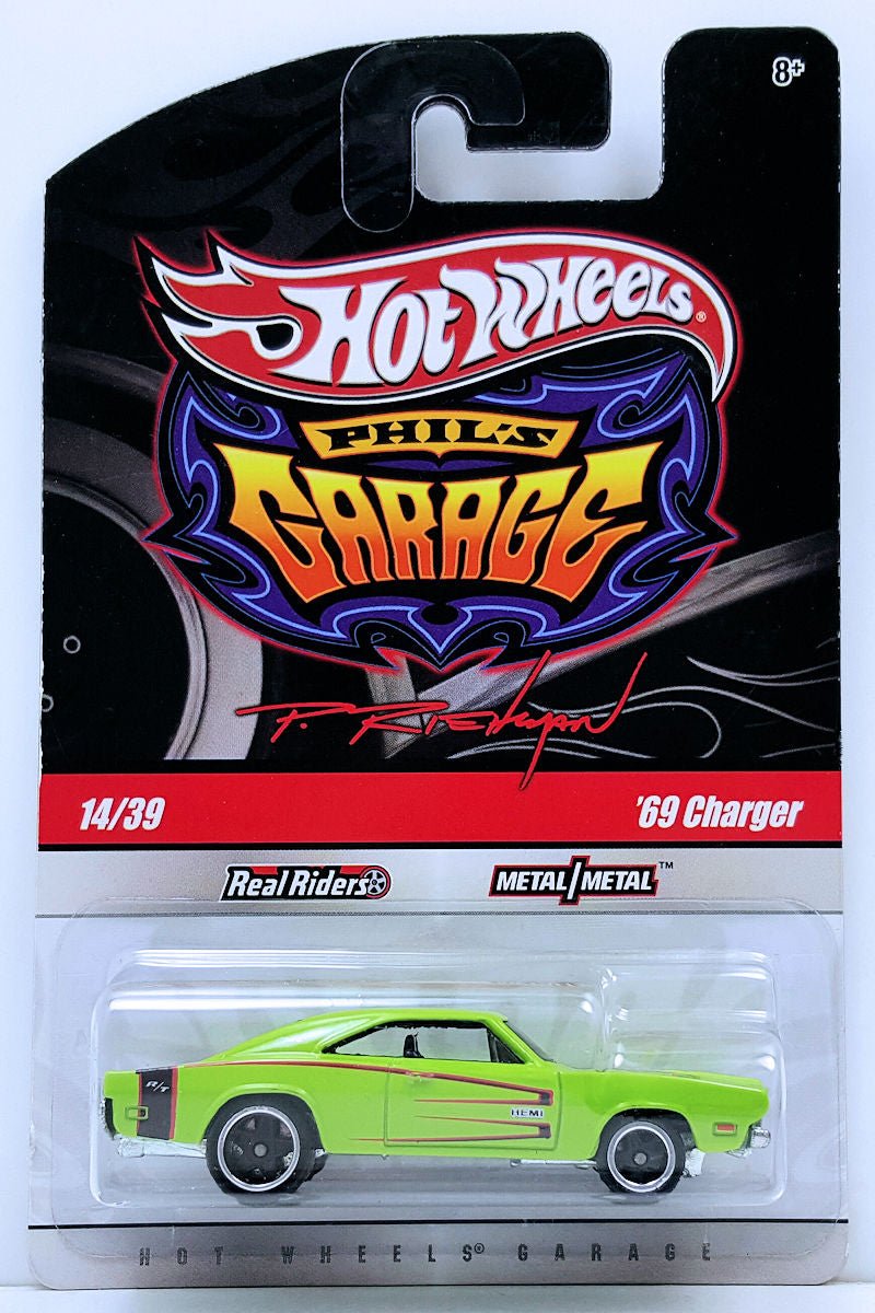 Hot Wheels 2010 - Phil's Garage # 14/39 - '69 Charger - Neon Green - Metal/Metal & Real Riders - Phil's Blister Card