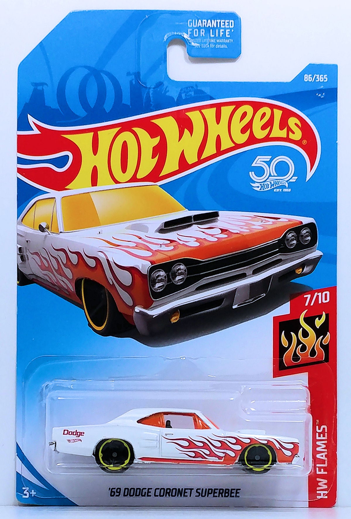 Hot Wheels 2018 - Collector # 086/365 - HW Flames 7/10 - '69 Dodge Coronet Superbee - White - USA 50th Card