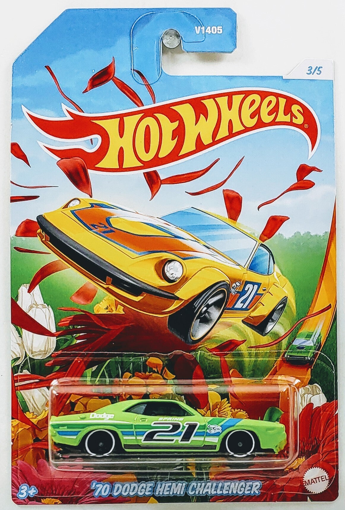 Hot Wheels 2021 - Easter / Spring Series 3/5 - '70 Dodge HEMI Challenger - Chartreuse Green - Steelie Wheels - Grocery Store's Exclusive
