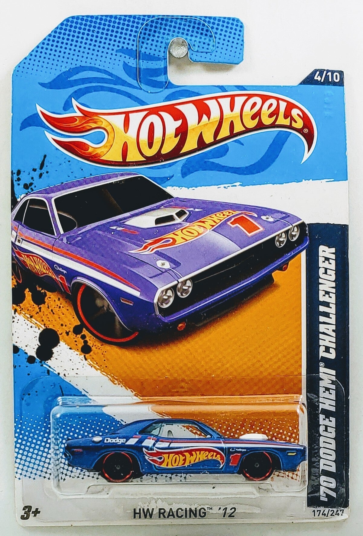 Hot Wheels 2012 - Collector # 174/247 - HW Racing 04/10 - '70 Dodge Hemi Challenger - Blue - '1' Hot Wheels Graphics - USA