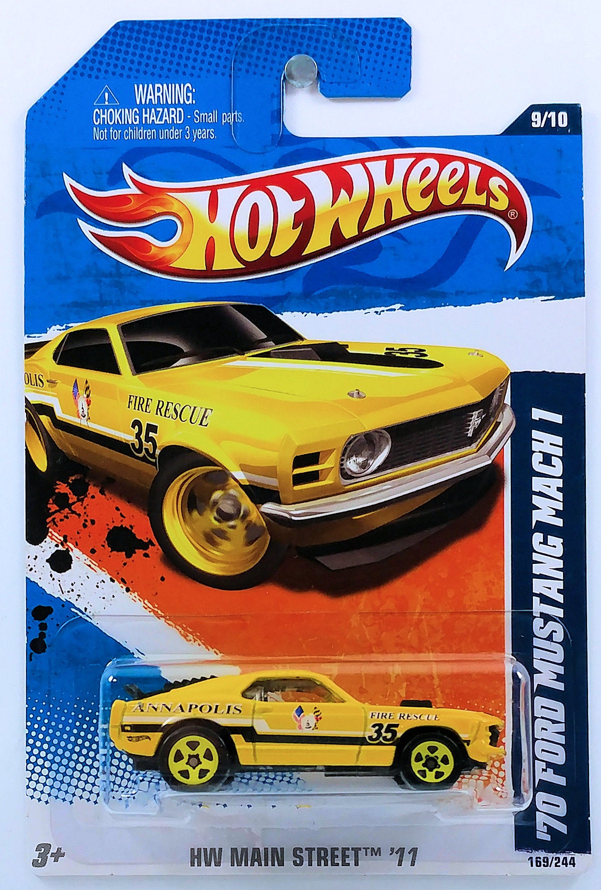 Hot Wheels 2011 - Collector # 169/244 - HW Main Street 9/10 - '70 Ford Mustang Mach 1 - Yellow / Annapolis Fire Rescue - USA Card