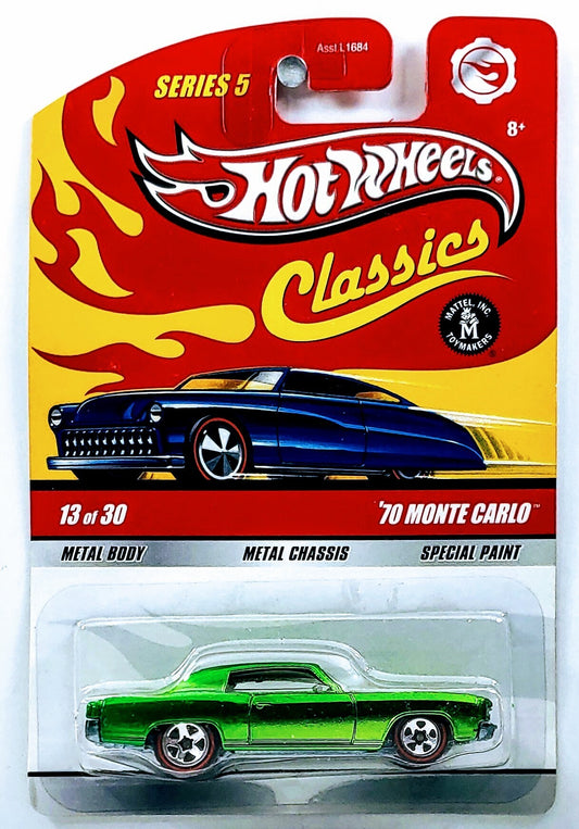 Hot Wheels 2009 - Classics Series 5 # 13/30 - '70 Monte Carlo - Spectraflame Green - Red Line 5 Spoke - Metal/Metal