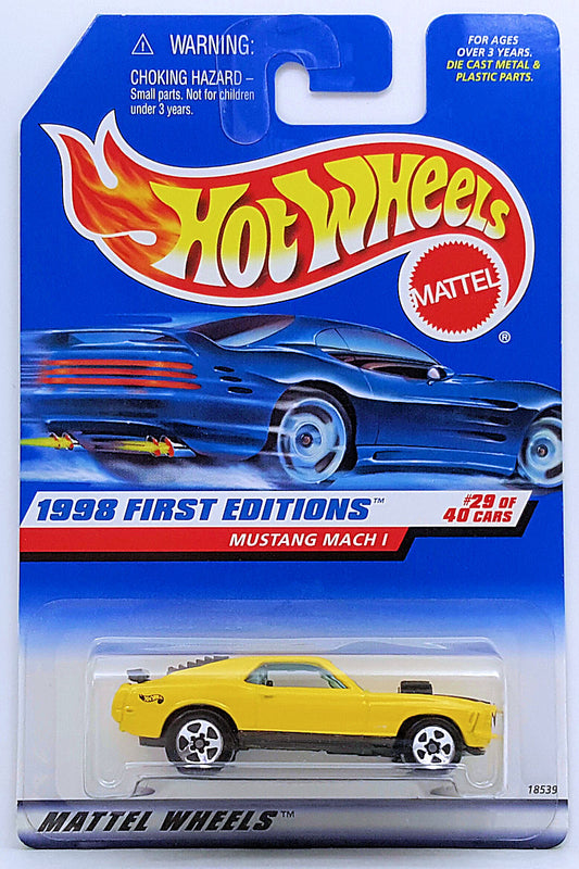 Hot Wheels 1998 - Collector # 670 - First Editions 29/40 - Mustang Mach 1 - Yellow - 5 Spokes - USA Blue Car Card