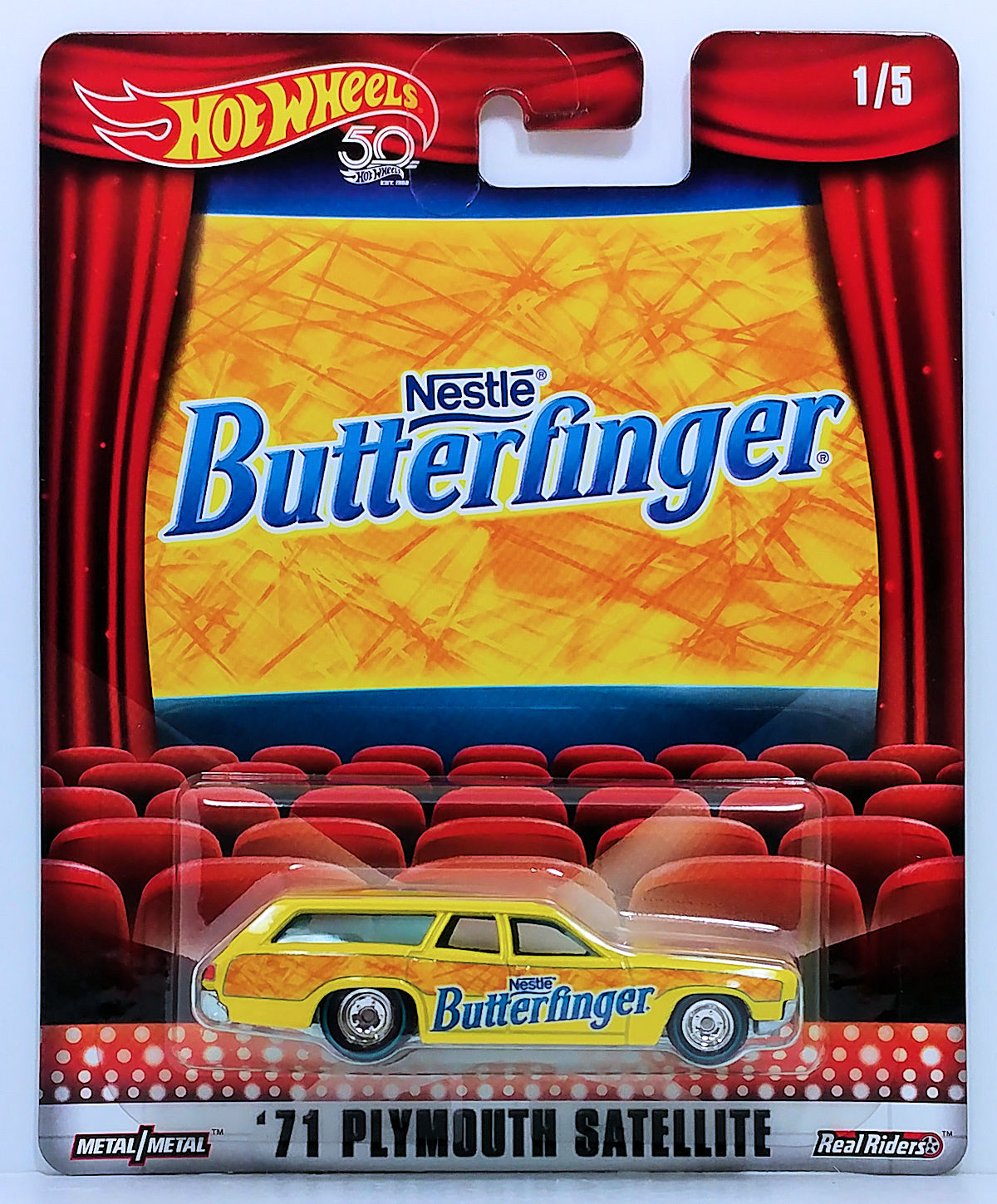 Hot Wheels 2018 - Pop Culture / Nestle 1/5 - '71 Plymouth Satellite - Yellow / Butterfinger - Metal/Metal & Real Riders