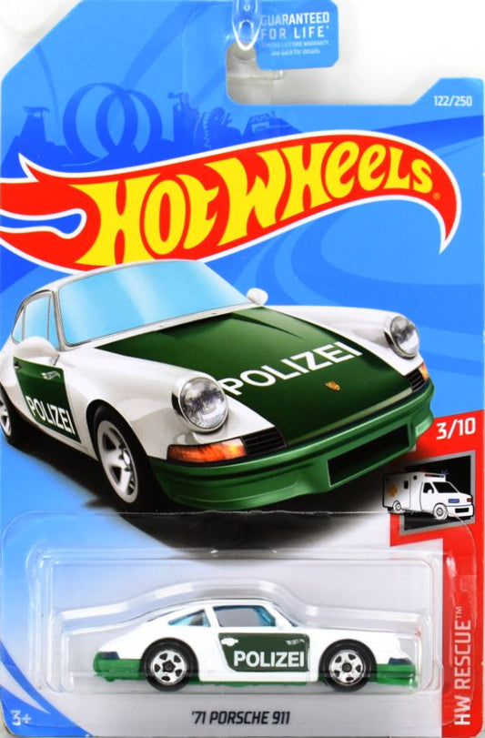 Hot Wheels 2019 - Collector # 122/250 - HW Rescue 3/10 - '71 Porsche 911 - White &amp; Green / 'Polizei' - USA Card