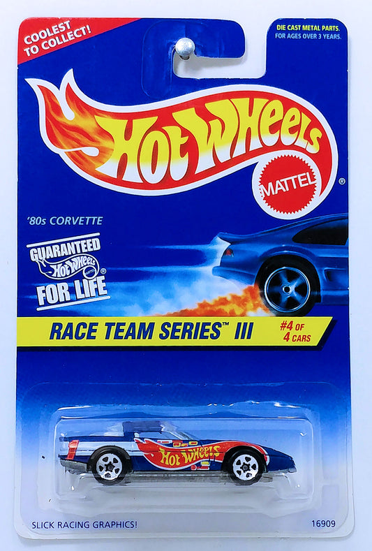 Hot Wheels 1997 - Collector # 536 - Race Team Series III 4/4 - '80s Corvette - Metallic Blue / Hot Wheels Racing # 1 - 5 Spokes - Unpainted Base - Dark Blue Roof - USA Blue & White Card