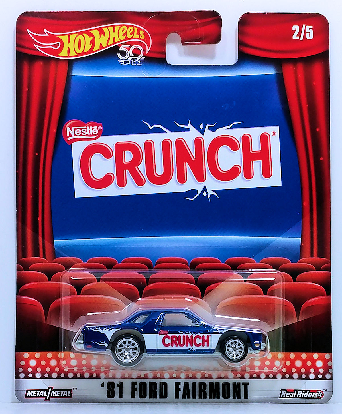Hot Wheels 2018 - Premium / Pop Culture / Nestles Crunch - '81 Ford Fairmont - Blue with White Stripes on top and 'Nestles Crunch' on sides - Metal/Metal & Real Riders