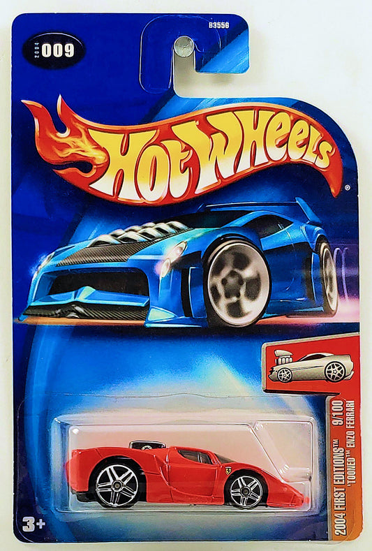 Hot Wheels 2004 - Collector # 009/212 - First Editions 9/100 - 'Tooned Enzo Ferrari - Red - DARK Chrome Engine - USA '04 Old Card