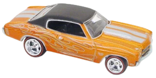 Hot Wheels 2006 - Collector # 220/223 - Mystery Car/Auto Mystere 02/05 - '70 Chevelle - Orange / Sliver Racing Stripes / Flames - Metal/Metal & Real Riders - Kar Keeper