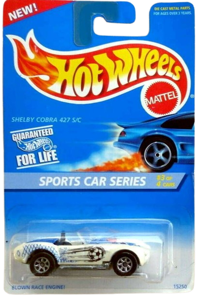 Hot Wheels 1996 - Collector # 406 - Sports Car Series 3/4 - Shelby Cobra 427 S/C - White / Soccer Ball - 7 Spokes - Opening Hood - USA Blue & White Card