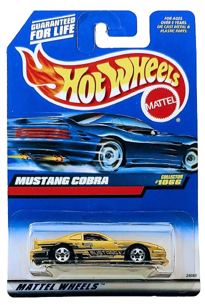 Hot Wheels 1999 - Collector # 1066 - Mustang Cobra - Gold - 5 Spokes - USA Blue Car Card