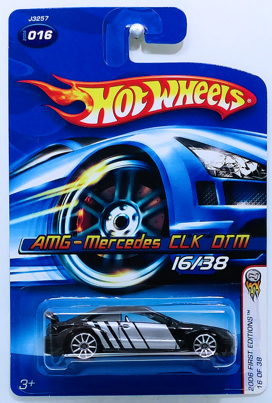 Hot Wheels 2006 - Collector # 016/223 - First Editions 16/38 - AMG-Mercedes CLK DTM - Black / Silver Stripes - 10 Spokes - USA '06 Card