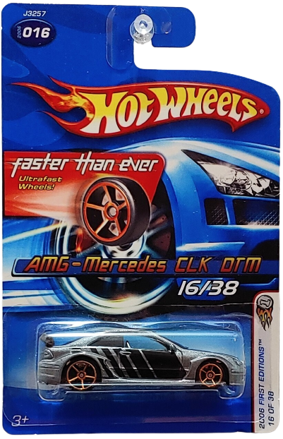 Hot Wheels 2006 - Collector # 016/223 - First Editions 16/38 - AMG-Mercedes CLK DTM - Metallic Gray / Black Stripes - Faster Than Ever - USA '06 Card