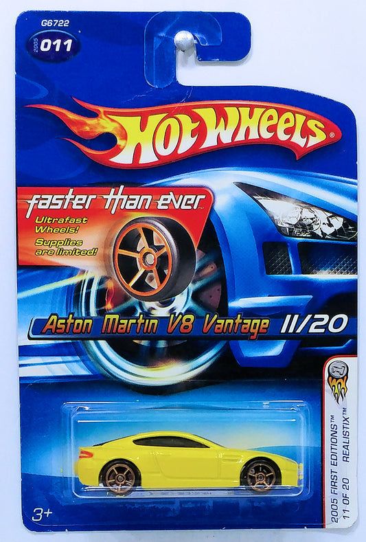 Hot Wheels 2005 - Collector # 011/183 - First Editions / Realistix 11/20 - Aston Martin V8 Vantage - Yellow - Faster Than Ever Wheels - USA