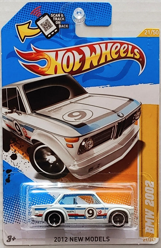 Hot Wheels 2012 - Collector # 021/247 - New Models 21/50 - BMW 2002 - White / #9 / Blue & Red Stripe Graphics - USA 'Scan & Track' Card