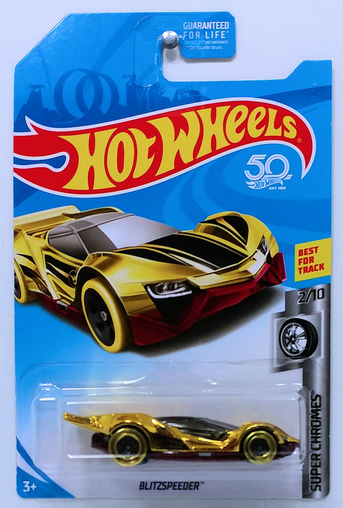 Hot Wheels 2018 - Collector # XXX/365 - Super Chromes 2/10 - Treasure Hunts - Blitzspeeder - Gold Chrome / Small Circle Flame Logo on Sides - USA 50th Card