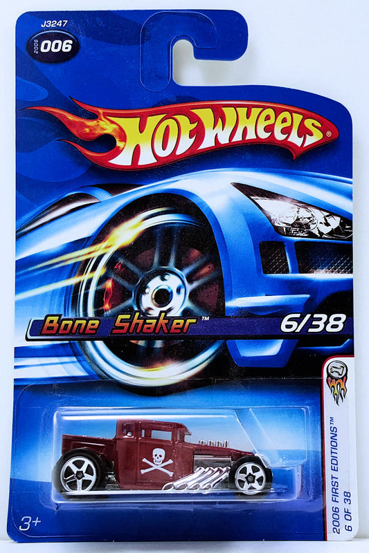 Hot Wheels 2006 - Collector # 006/223 - First Editions 06/38 - Bone Shaker -Dark Red / Skull Crossbones - USA Card