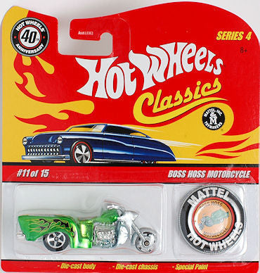 Hot Wheels 2008 - Classics Series 4 # 11/15 - Boss Hoss Motorcycle - Spectraflame Green - 5 Spokes - Metal/Metal - Large Blister Card with Button