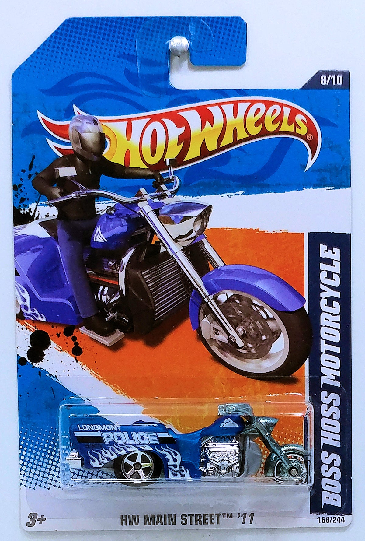 Hot Wheels 2011 - Collector # 168/244 - HW Main Street 8/10 - Boss Hoss Motorcycle - Satin Blue / Longmont Police - USA Card