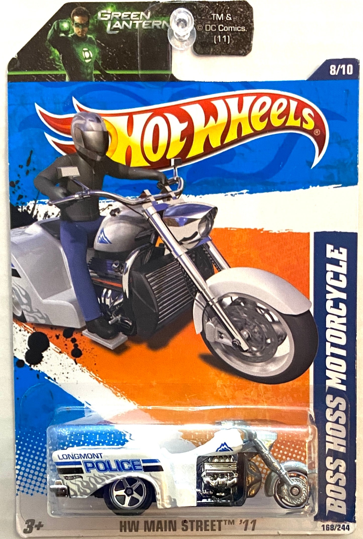 Hot Wheels 2011 - Collector # 168/244 - HW Main Street 8/10 - Boss Hoss Motorcycle - White / Longmont Police - USA 'Green Lantern' Card