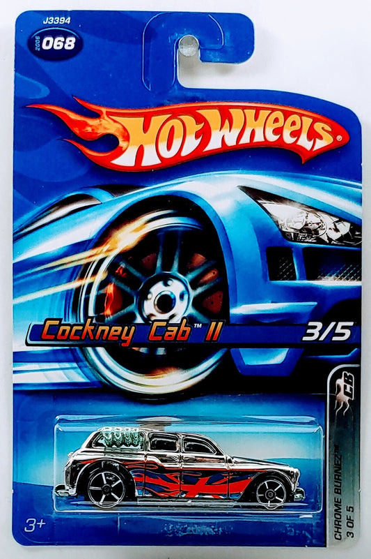 Hot Wheels 2006 - Collector # 068/223 - Chrome Burnerz 3/5 - Cockney Cab II - Chrome/ Union Jack & Flames - Metal Exhaust, Black Scoop, Smaller Rear Wheels & Blue Tint Windows - USA Card