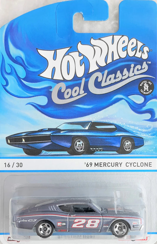 Hot Wheels 2013 - Cool Classics # 16/39 - '69 Mercury Cyclone - Spectrafrost Gray - Retro Spoke Wheels - Blue Car Card