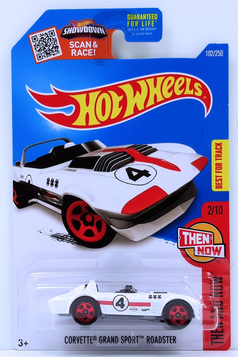 Hot Wheels 2016 - Collectors # 102/250 - Then And Now 2/10 - Corvette Grand Sport Roadster - White / #4 / Red Stripe - Red 5 Spoke Wheels - USA Card.