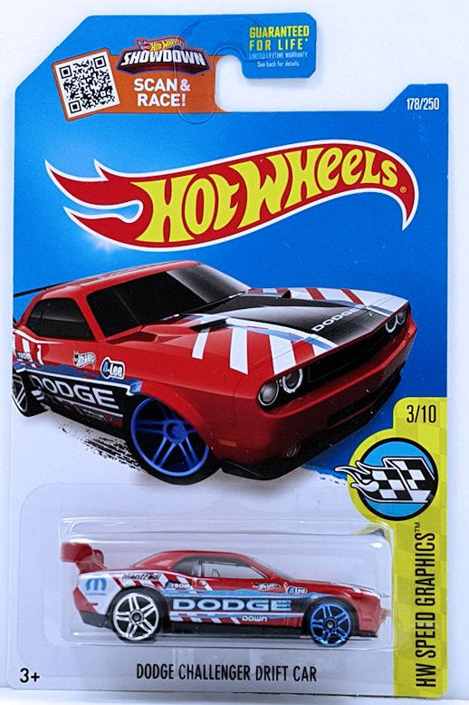 Hot Wheels 2016 - Collector # 178/250 - HW Speed Graphics 3/10 - Dodge Challenger Drift Car - Red / Dodge - PR5 Wheels - USA Card