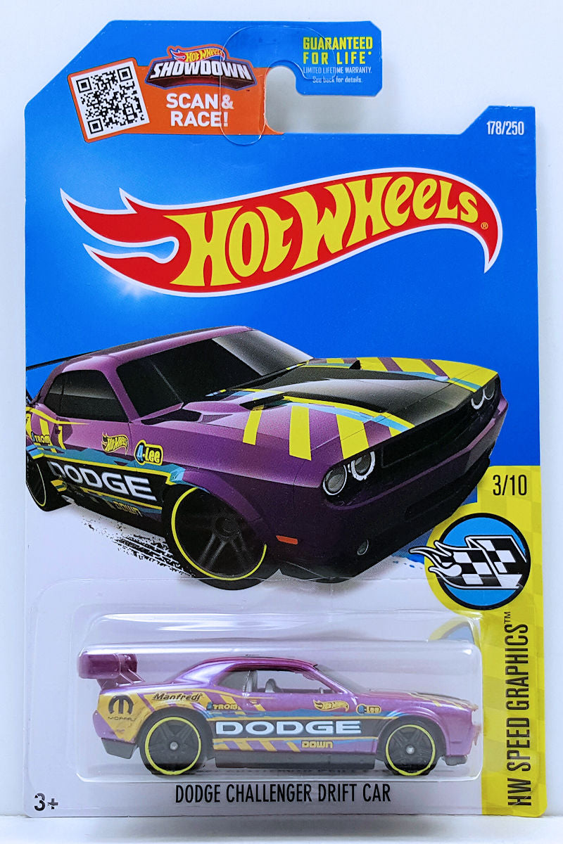 Hot Wheels 2016 - Collector # 178/250 - HW Speed Graphics 3/10 - Dodge Challenger Drift Car - Purple / Dodge - PR5 Wheels - USA Card
