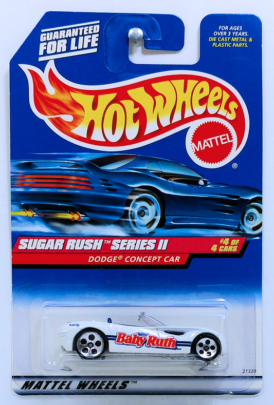 Hot Wheels 1999 - Collector # 972 - Sugar Rush Series II 4/4 - Dodge Concept Car - White / 'Baby Ruth' - 5 Dot Wheels - Metal/Metal - Unpainted Base - USA Blue Car Card