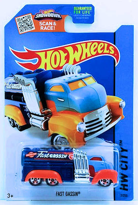 Hot Wheels 2015 - Collector # 007/250 - HW City / HW City Works / Treasure Hunts - Fast Gassin' - Dark Blue Tank, Light Blue Cab & Orange Fenders - USA Card