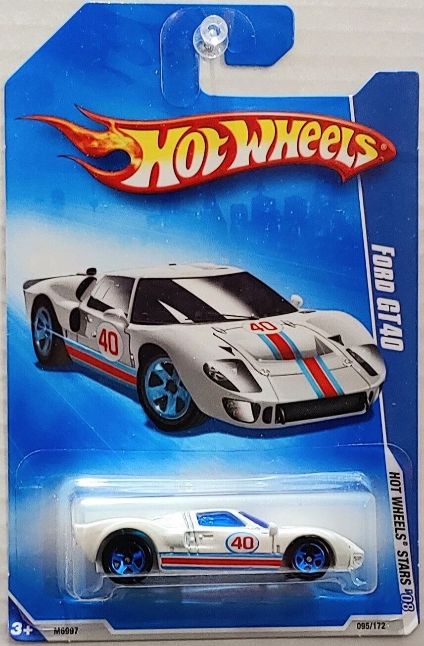 Hot Wheels 2008 - Collector # 095/172 - Hot Wheels Stars 19/24 - Ford GT40 - Pearl White with Blue / White / Red Stripes on Hood "40" - IC