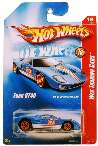 Hot Wheels 2008 - Collector # 095/196 - Web Trading Cars 019/024 - Ford GT40 - Metallic Blue - Light Blue, White & Orange Stripes on Hood & Sides. Also a #40 - USA