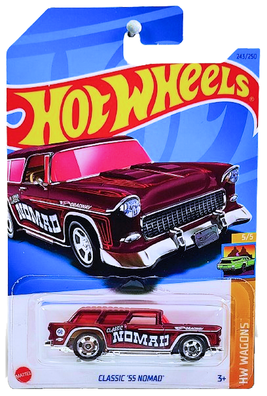 Hot Wheels 2023 - Collector # 243/250 - HW Wagons 05/05 - Classic '55 Nomad - Burgandy - 'Dragway' / 'C/G' / Chevrolet Logo - Retro Slot Wheels - International Card
