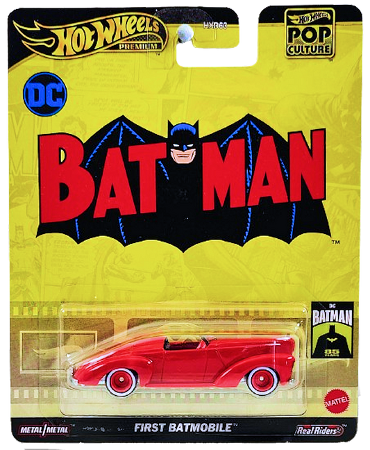 Hot Wheels 2024 - Premium / Pop Culture / Batman - First Batmobile - Red - Metal/Metal & Real Riders - Batman 85 Years Card