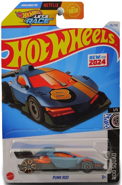 Hot Wheels 2024 - Collector # 026/250 - Rod Squad 01/05 - New Models - Punk Rod - Matte "Moody" Blue - '8' / Orange Stripes - USA Card