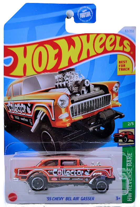Hot Wheels 2024 - Collector # 063/250 - HW Reverse Rake 2/5 - '55 Chevy Bel Air Gasser - Orange / Collector - Ringed Black RSW - USA Card