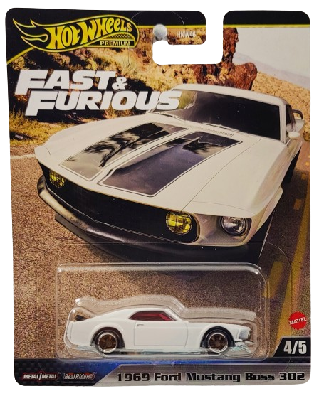 Hot Wheels 2024 - Premium / Fast & Furious / F&F 6 4/5 - 1969 Ford Mustang Boss 302 - White / Black Stripes - Metal/Metal & Real Riders