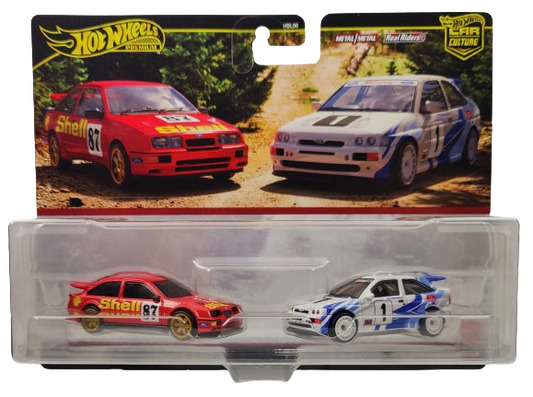 Hot Wheels 2024 - Premium / Car Culture 2-Pack - '87 Ford Sierra Cosworth & '93 Ford Escort RS Cosworth - Metal/Metal & Real Riders - Large Display Blister Card - MPN HRR73