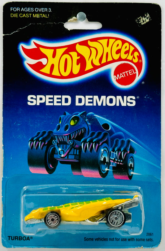 Hot Wheels 1987 - Speed Demons - Turboa - Yellow - Malaysia Base - Card Creased - USA