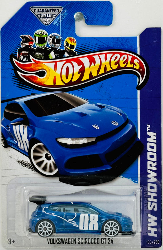 Hot Wheels 2013 - Collector # 160/250 - Showroom / Asphalt Assault - Volkswagen Scirocco GT 24 - Blue / White Nordschleife '8' Graphics - USA Card