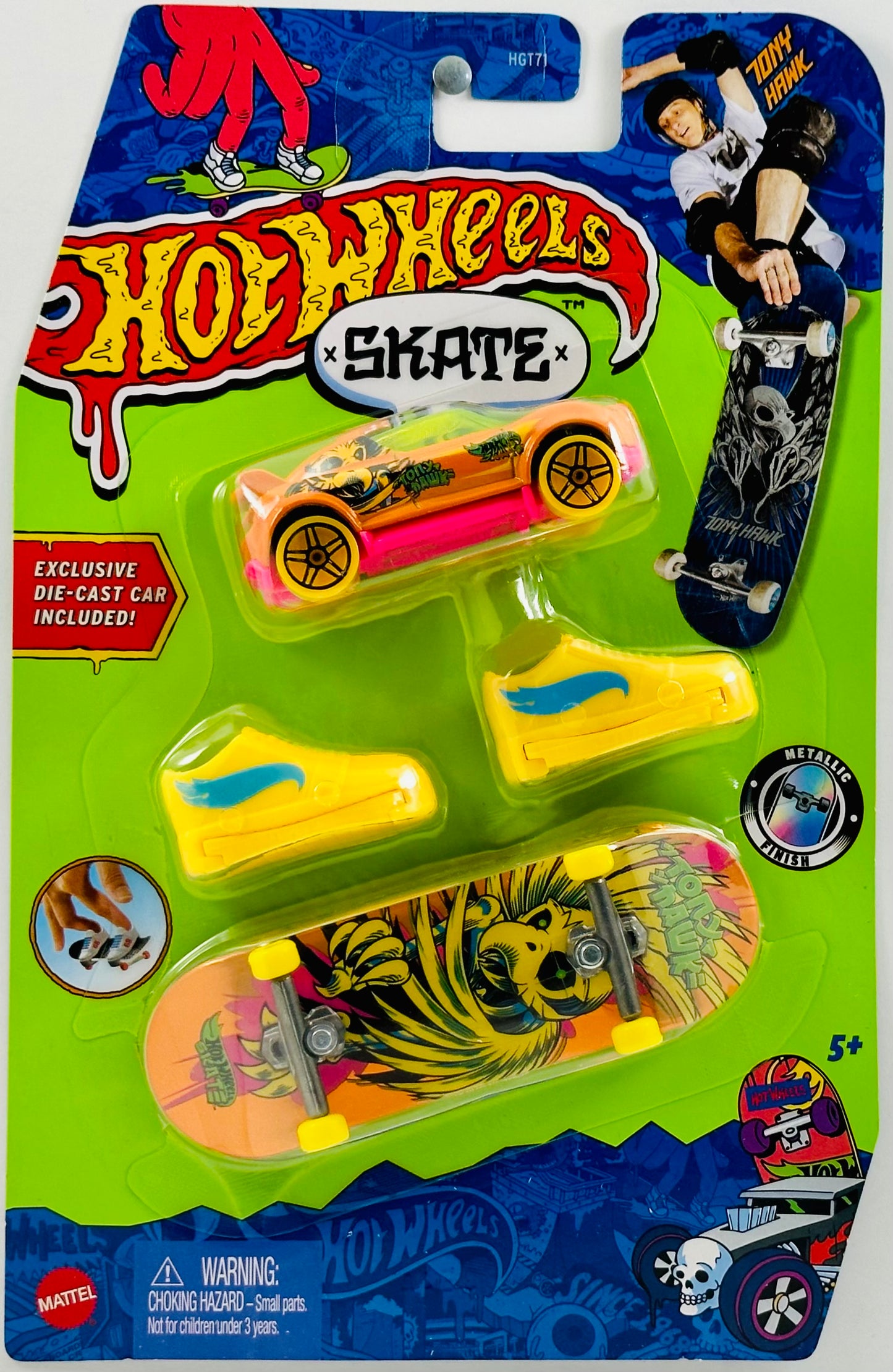 Hot Wheels 2023 - Skate - Multipack w/ Car - Shrieking Havoc - Hi Beam - Orange - Yellow 5 SP Wheels / Pink Under Car - Vulture 'Tony Hawk' Graphics - Metallic Finish - Large Blister Card