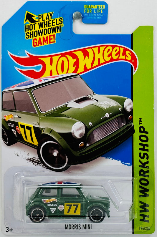 Hot Wheels 2014 - Collector # 194/250 - HW Workshop - Morris Mini - Green - British Flag on Roof Top / '77' - USA