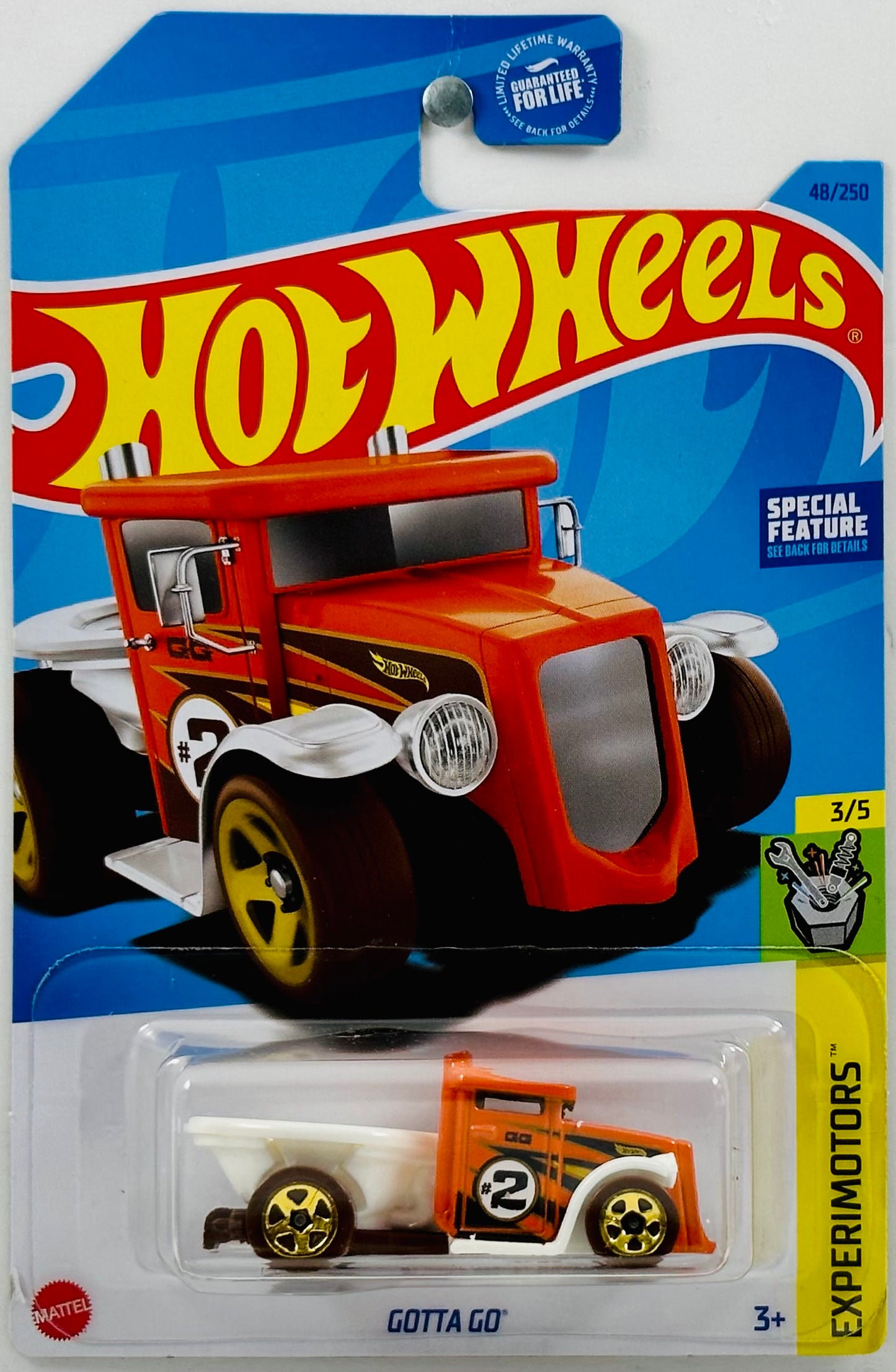 Hot Wheels 2023 - Collector # 048/250 - Experimortors 03/05 - Gotta Go - Orange - '#2' - 5 Spoke - SPECIAL FEATURE / Back Lid Up/Down Movement - USA