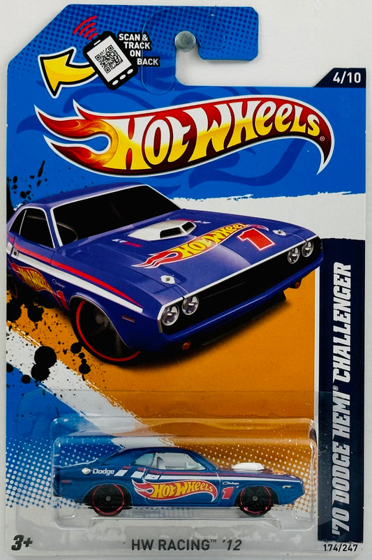 Hot Wheels 2012 - Collector # 174/247 - HW Racing 04/10 - '70 Dodge Hemi Challenger - Blue - '1' Hot Wheels Graphics - USA TS