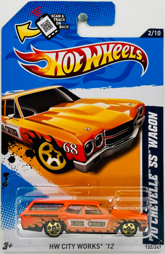 Hot Wheels 2012 - Collector # 132/247 - HW City Works 02/10 - '70 Chevelle SS Wagon - Orange - 'City Fire Department / 'Fire Chief' / '69' / Black Flames - USA