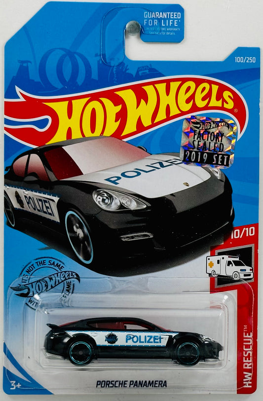 Hot Wheels 2019 - Collector # 100/250 - HW Rescue 10/10 - Porsche Panamera - Black - 'HWPD' / 'Polizei' - FSC